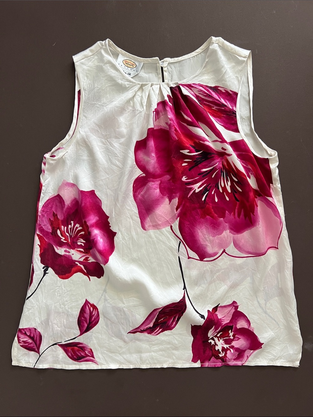 Talbots Sleeveless White Blouse with Magenta Floral Print